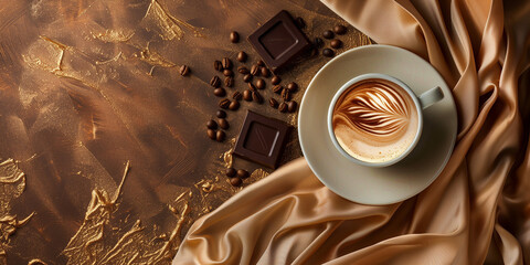 Cup of latte coffee with chocolate pieces and coffee beans on a brown background. Horizontal banner with a cup of coffee and free space for text. Raster bitmap digital illustration. AI artwork. - Powered by Adobe