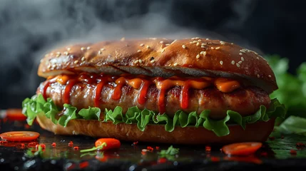 Türaufkleber Gourmet Sausage Sandwich with Lush Greens © Yassirart