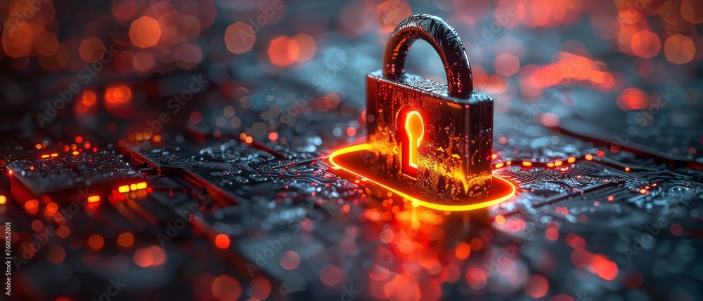 Poster Cyber security.Digital padlock icon,Cyber security technology, network data protection technology, and virtual dashboard.TM Permission to access business data over the internet against cyber attacks.