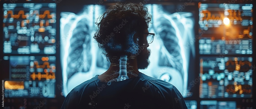 Aufkleber an anthropologist working on a modern interface screen to diagnose and treat virtual human lungs and