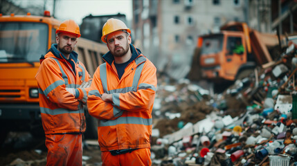 A team of Caucasian male garbage collectors is helping to collect trash in the city.