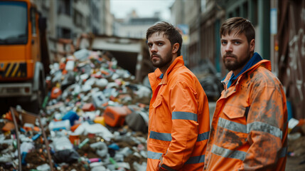 A team of Caucasian male garbage collectors is helping to collect trash in the city. - obrazy, fototapety, plakaty