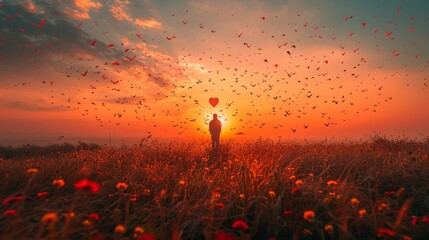 Concept for international human solidarity day: Silhouettes flying in shape of hearts on meadow autumn sunrise landscape background - obrazy, fototapety, plakaty
