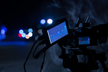 video recording of emergency scene with video camera for news, stock photo