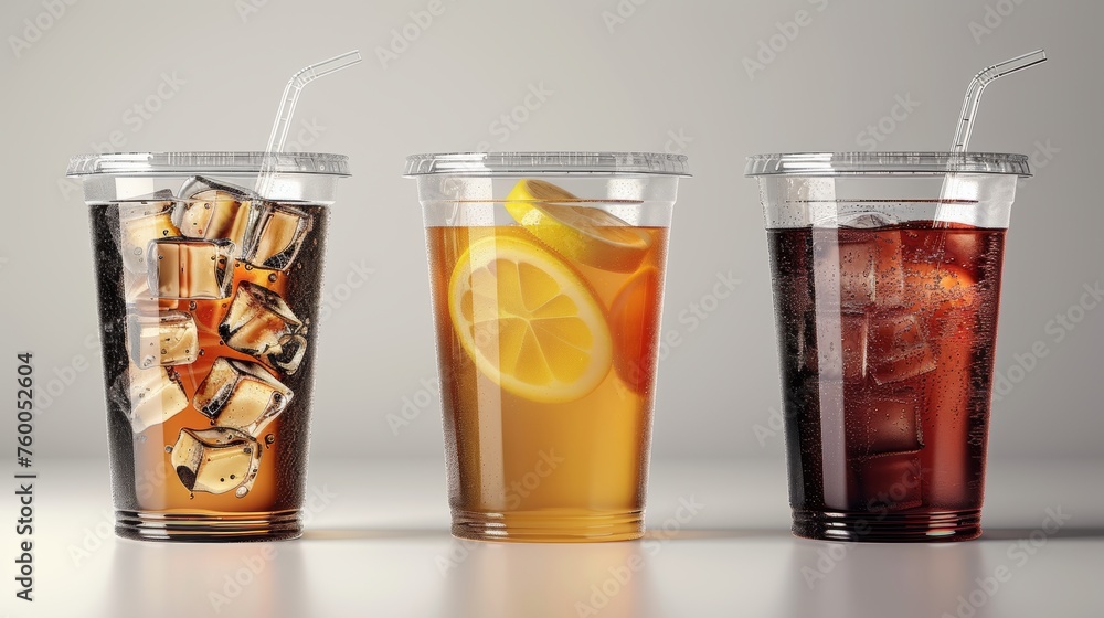 Poster Modern realistic 3D empty clear plastic disposable cup set isolated on transparency grid background. Design template of packaging mockup for graphics - milkshake, tea, fresh juice, lemonade.