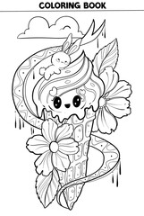 Cute Adult coloring page doodles, sketch coloring book for relaxing design ice cream kawaii cartoon character with bunny and flower