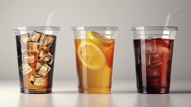 Modern realistic 3D empty clear plastic disposable cup set isolated on transparency grid background. Design template of packaging mockup for graphics - milkshake, tea, fresh juice, lemonade.