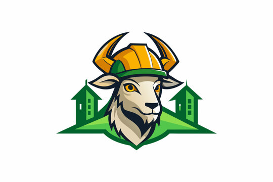 Logo of a folk goat builder with a helmet, vector illustration artwork