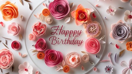 Elegantly Crafted Happy Birthday Message with Quilled Flowers and Leaves
