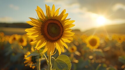 Fototapeta premium A Sunflower's Close-Up Amidst a Sunflower Field