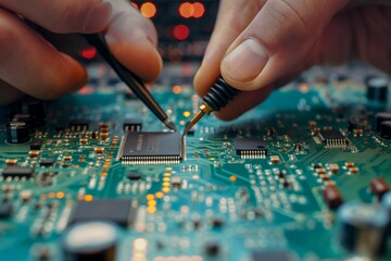 Man repairing circuit board in a laptop closeup, a man repairing circuit board closeup, a man repairing circuit closeup, circuit repairing closeup, laptop repairing, repair man closeup - obrazy, fototapety, plakaty