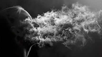 ascension of the soul - profile of a woman surrounded by smoke - obrazy, fototapety, plakaty
