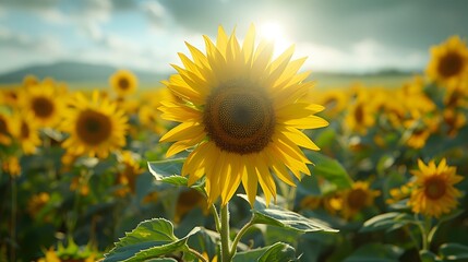 A Sunflower's Close-Up Amidst a Sunflower Field