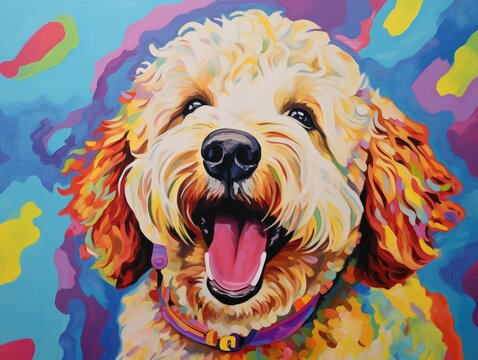 1960s inspired vibrant acrylic painting of a Goldendoodle smiling warmly with oversized eyes