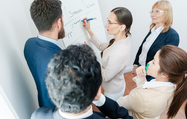 Side view of an intelligent female business expert conducting a SWOT analysis during an interactive meeting between the decision makers of a successful company - 760055619