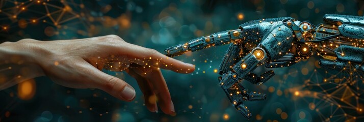 Realistic Artificial intelligence Robot and human hands touching. Futuristic technology abstract concept for network, big data, data center, server, internet, speed.