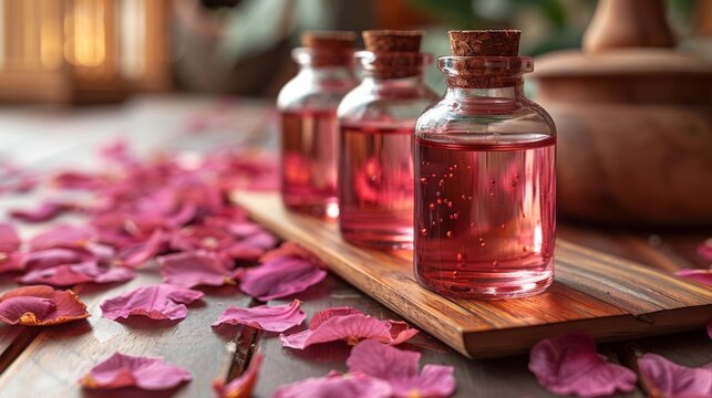  three bottles filled with pink liquid sitting on top of a wooden tray next to pink petals on a wooden table.