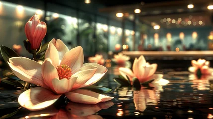 Foto op Canvas  a group of water lilies floating on top of a body of water in front of a building at night. © Shanti