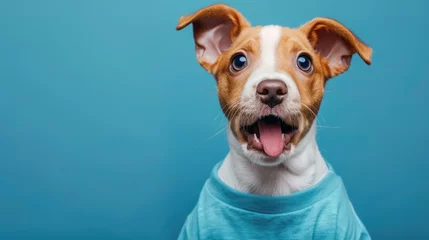 Fotobehang Funny cute puppy surprised wonder, shocked, creative minimal on blue background. Wow! Hipster puppy dog amazed screaming in fashionable outfit for sale, shopping, advert © Happy Lab