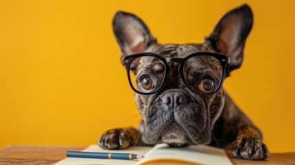 Cute puppi dog thinking, frustrated and fed up doing homework at home. Dog working inside, happy homework. Funny creative concept for advert, poster, app, web