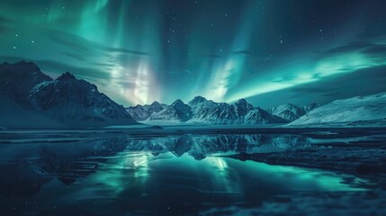 Vivid green and purple aurora borealis illuminate the polar night sky, casting a mesmerizing dance over the reflective arctic lake