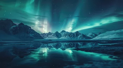 Poster Aurores boréales Vivid green and purple aurora borealis illuminate the polar night sky, casting a mesmerizing dance over the reflective arctic lake
