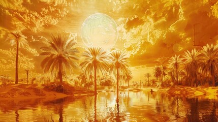 Desert oasis mirage with palm trees and water under the blazing midday sun, a surreal phenomenon - obrazy, fototapety, plakaty