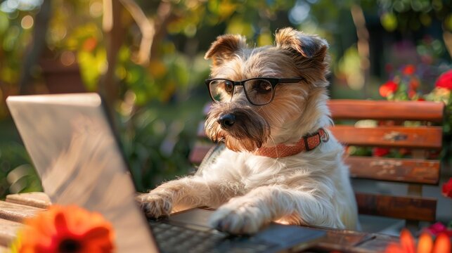 Cute puppi dog call center worker, online support worker at home with laptop. Funny dog working outside, homework. Creative concept for advert, poster, app, web