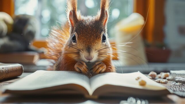 Cute squirrel thinking, frustrated and fed up doing homework at home. Squirrel working at home, happy homework. Funny creative concept for advert, poster, app, web