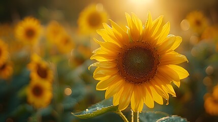Fototapeta premium A Sunflower's Close-Up Amidst a Sunflower Field