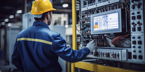 A worker in blue overalls and yellow helmet is setting up the control panel of an industrial machine