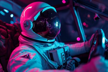 Astronaut driving car in space. Futuristic science research exploration transportation. Generate ai