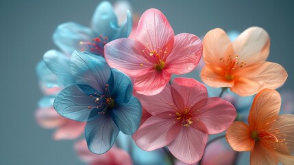  a close up of a bunch of flowers with blue, pink, and orange flowers in the middle of the picture.