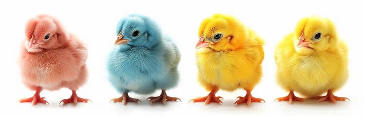 little chicks colored in different colors - obrazy, fototapety, plakaty