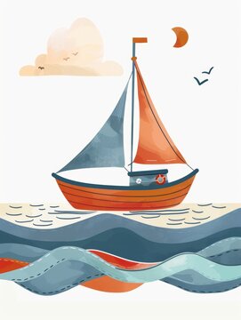 Cartoon Boat Sailing on Colorful Waves - Nursery Clipart Generative AI