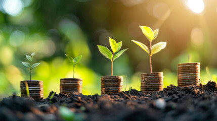 money growth, business growth concept, growing plant with coins - obrazy, fototapety, plakaty