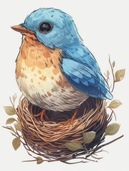 Pastel Bird in Nest Nursery Illustration Generative AI