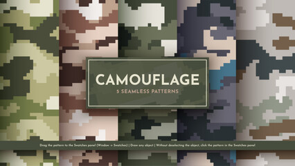Set 5 Seamless Pixel Camouflage Patterns. War Illustration. Traditional Military Texture. Army Background