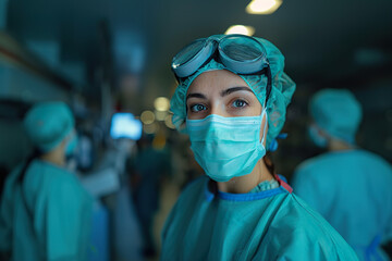 Portrait of female doctor with surgical team Standing in the background. AI generative