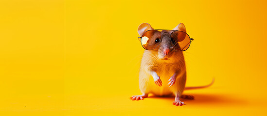 A scholarly rodent peers over glasses, striking a pose of intelligence on a vibrant yellow background