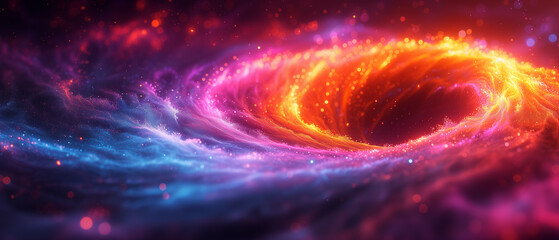 A cosmic whirlpool glows fiercely, drawing in a universe of stars into its vibrant embrace