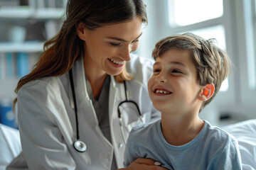 close up view of smiling child being attended to by doctor. AI generative