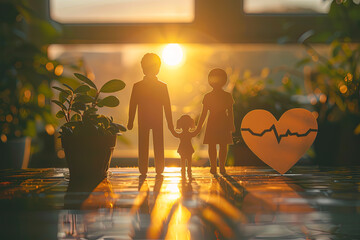 family silhouettes holding hands and a heart. Health care concept. AI generative