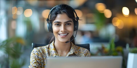 Telemarketer in Indian call center assisting customer with laptop and headset. Concept Customer support, Telemarketing, Indian call center, Laptop assistance, Headset troubleshooting