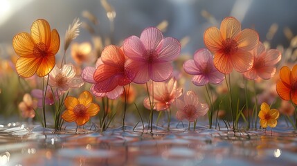  a group of flowers floating on top of a lake next to a field of grass and flowers on top of a body of water.