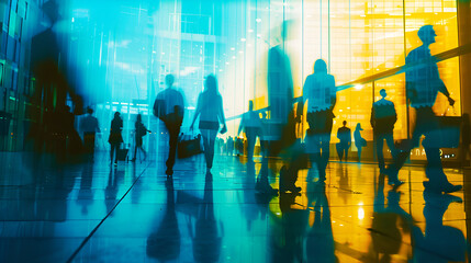 Blurred silhouette of office employees in a blue and yellow color business building