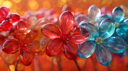  a group of colorful glass flowers sitting on top of a wooden table next to a red wall with lights in the background.