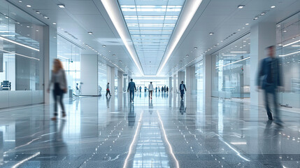 Businessman walking with colleagues  in big corridors or hallways , blurred photo background 