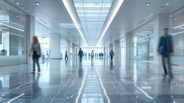 Businessman walking with colleagues  in big corridors or hallways , blurred photo background 