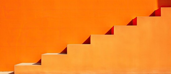 A set of wooden stairs placed against an ambercolored wall, creating a vibrant contrast between the natural wood tones and the warm peach hues of the background